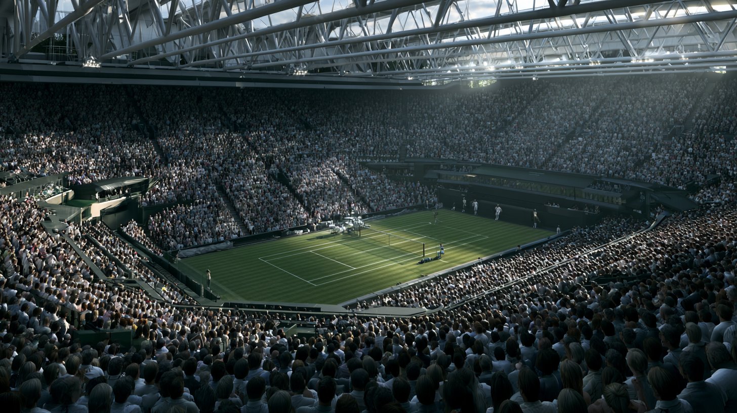 Travnatý tenisový kurt na plném stadionu s diváky