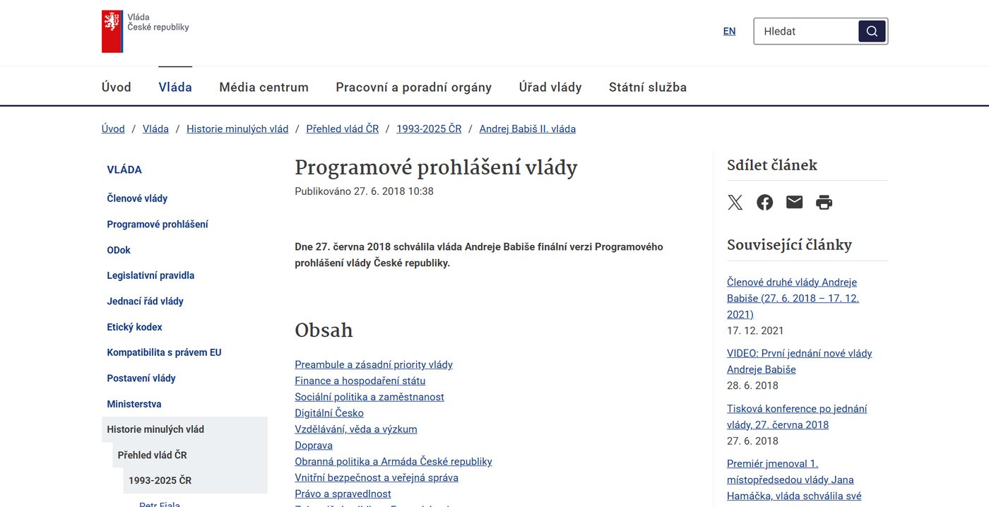 Programové prohlášení vlády Andreje Babiše 2018 až 2021: co slíbilo a co se splnilo