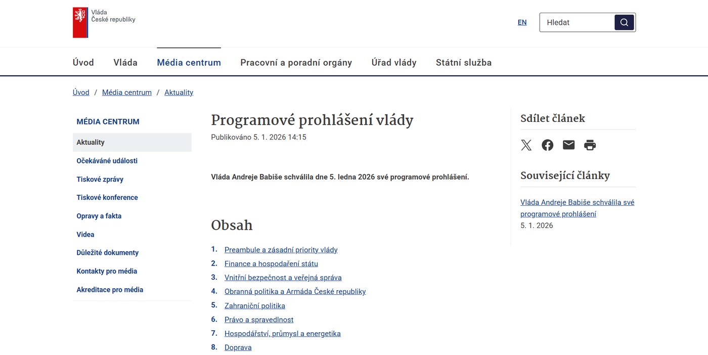 Stránka Programové prohlášení vlády na webu vlada.gov.cz s obsahem dokumentu schváleného 5. ledna 2026